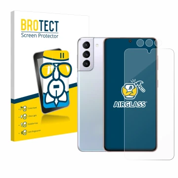 Parte frontal de un envase de producto con el logotipo de la marca BROTECT. Al lado se muestra el dispositivo Samsung Galaxy S