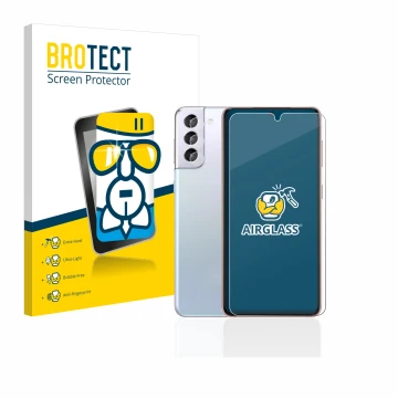 Parte frontal de un envase de producto con el logotipo de la marca BROTECT. Al lado se muestra el dispositivo Samsung Galaxy S