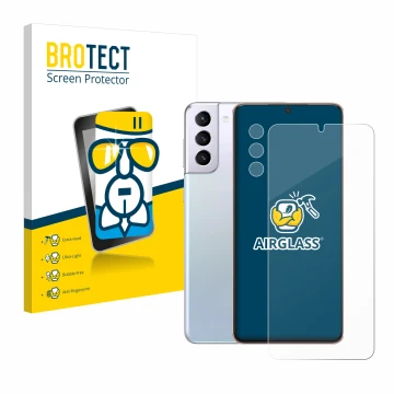 Parte frontal de un envase de producto con el logotipo de la marca BROTECT. Al lado se muestra el dispositivo Samsung Galaxy S