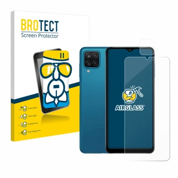 Parte frontal de un envase de producto con el logotipo de la marca BROTECT. Al lado se muestra el dispositivo Samsung Galaxy A