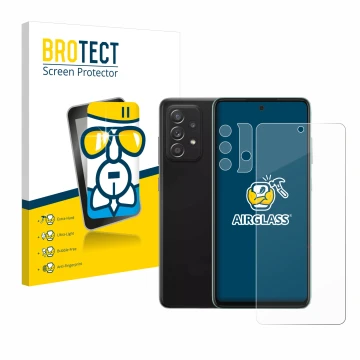 Parte frontal de un envase de producto con el logotipo de la marca BROTECT. Al lado se muestra el dispositivo Samsung Galaxy A