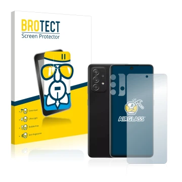 Parte frontal de un envase de producto con el logotipo de la marca BROTECT. Al lado se muestra el dispositivo Samsung Galaxy A
