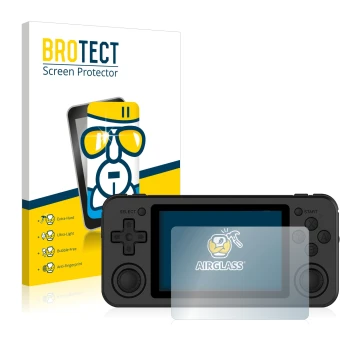 Parte frontal de un envase de producto con el logotipo de la marca BROTECT. Al lado se muestra el dispositivo Anbernic RG351P 