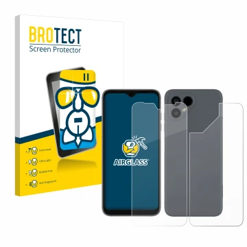 Parte frontal de un envase de producto con el logotipo de la marca BROTECT. Al lado se muestra el dispositivo Fairphone 4 (Fro