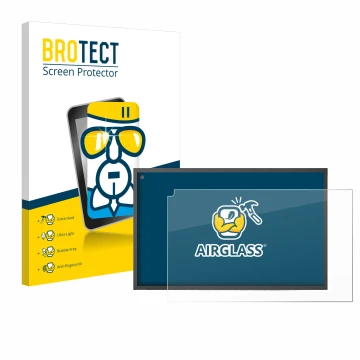 Parte frontal de un envase de producto con el logotipo de la marca BROTECT. Al lado se muestra el dispositivo Amazon Echo Show