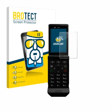 Parte frontal de un envase de producto con el logotipo de la marca BROTECT. Al lado se muestra el dispositivo Caterpillar Cat 