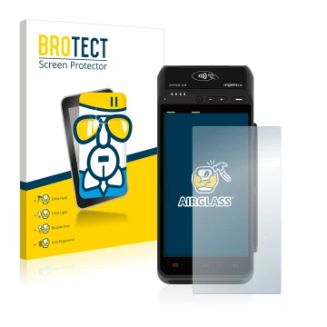 Parte frontal de un envase de producto con el logotipo de la marca BROTECT. Al lado se muestra el dispositivo ingenico Apos A8