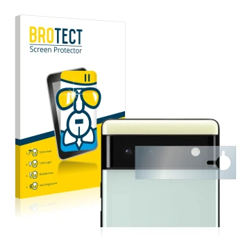 Parte frontal de un envase de producto con el logotipo de la marca BROTECT. Al lado se muestra el dispositivo Google Pixel 6 (