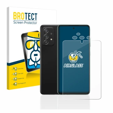 Parte frontal de un envase de producto con el logotipo de la marca BROTECT. Al lado se muestra el dispositivo Samsung Galaxy A