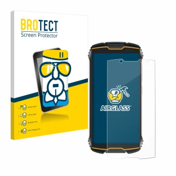 Parte frontal de un envase de producto con el logotipo de la marca BROTECT. Al lado se muestra el dispositivo Cubot King Kong 