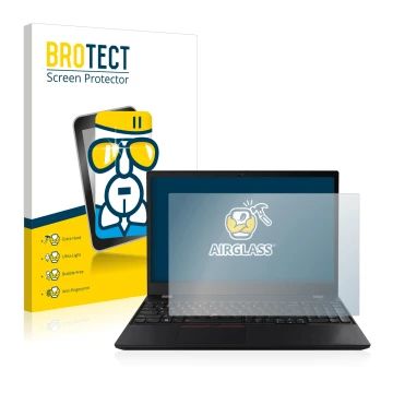 Parte frontal de un envase de producto con el logotipo de la marca BROTECT. Al lado se muestra el dispositivo Lenovo ThinkPad 