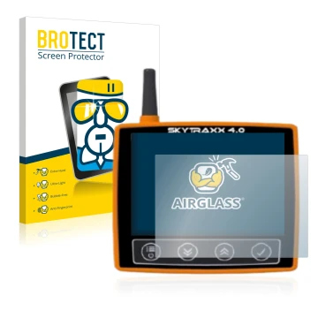 Parte frontal de un envase de producto con el logotipo de la marca BROTECT. Al lado se muestra el dispositivo Skytraxx 4.0 con