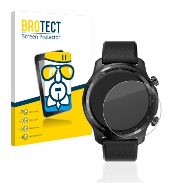 Parte frontal de un envase de producto con el logotipo de la marca BROTECT. Al lado se muestra el dispositivo Mobvoi Ticwatch 