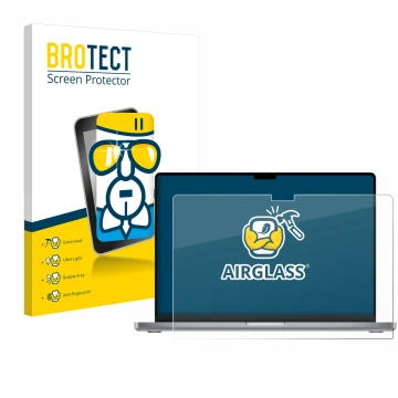 Parte frontal de un envase de producto con el logotipo de la marca BROTECT. Al lado se muestra el dispositivo Apple MacBook Pr