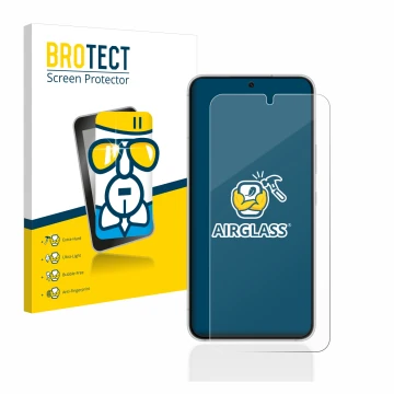 Parte frontal de un envase de producto con el logotipo de la marca BROTECT. Al lado se muestra el dispositivo Samsung Galaxy S