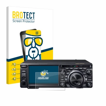 Parte frontal de un envase de producto con el logotipo de la marca BROTECT. Al lado se muestra el dispositivo Yaesu FT-DX10 co