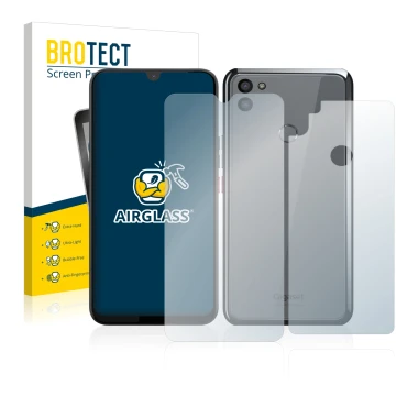 Parte frontal de un envase de producto con el logotipo de la marca BROTECT. Al lado se muestra el dispositivo Gigaset GS5 (Fro