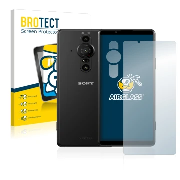 Parte frontal de un envase de producto con el logotipo de la marca BROTECT. Al lado se muestra el dispositivo Sony Xperia Pro-