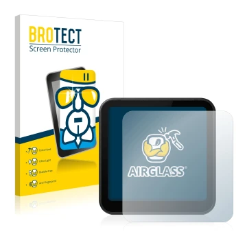 Parte frontal de un envase de producto con el logotipo de la marca BROTECT. Al lado se muestra el dispositivo DJI Action 2 con