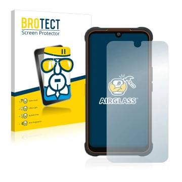 Parte frontal de un envase de producto con el logotipo de la marca BROTECT. Al lado se muestra el dispositivo AGM Glory Pro co