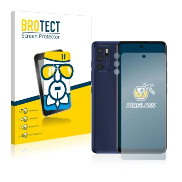 Parte frontal de un envase de producto con el logotipo de la marca BROTECT. Al lado se muestra el dispositivo Motorola Moto G6
