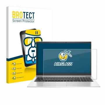 Parte frontal de un envase de producto con el logotipo de la marca BROTECT. Al lado se muestra el dispositivo HP EliteBook 850