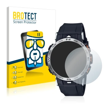 Parte frontal de un envase de producto con el logotipo de la marca BROTECT. Al lado se muestra el dispositivo Casio Pro Trek P