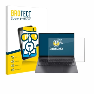 Parte frontal de un envase de producto con el logotipo de la marca BROTECT. Al lado se muestra el dispositivo Lenovo Yoga Slim