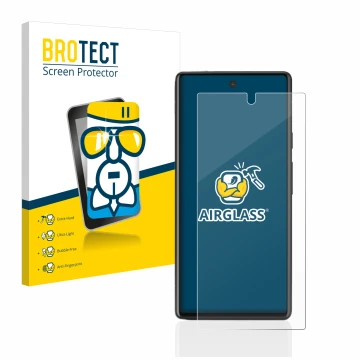 Parte frontal de un envase de producto con el logotipo de la marca BROTECT. Al lado se muestra el dispositivo Google Pixel 6a 