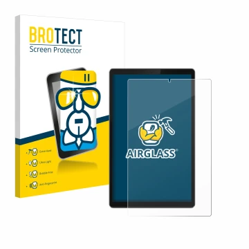 Parte frontal de un envase de producto con el logotipo de la marca BROTECT. Al lado se muestra el dispositivo Lenovo Tab TB-X3