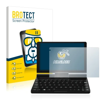 Parte frontal de un envase de producto con el logotipo de la marca BROTECT. Al lado se muestra el dispositivo GPD Pocket 3 con