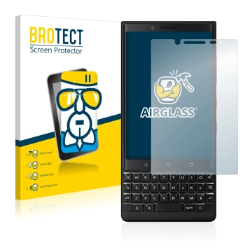 Parte frontal de un envase de producto con el logotipo de la marca BROTECT. Al lado se muestra el dispositivo BlackBerry Key2 