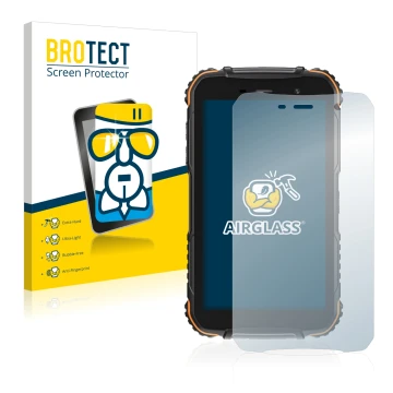 Parte frontal de un envase de producto con el logotipo de la marca BROTECT. Al lado se muestra el dispositivo Doogee S35T con 