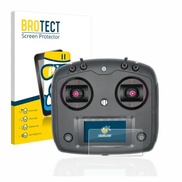Parte frontal de un envase de producto con el logotipo de la marca BROTECT. Al lado se muestra el dispositivo FlySky FS-i6S co