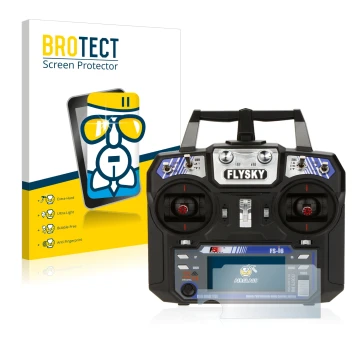 Parte frontal de un envase de producto con el logotipo de la marca BROTECT. Al lado se muestra el dispositivo FlySky FS-i6 con