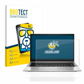 Parte frontal de un envase de producto con el logotipo de la marca BROTECT. Al lado se muestra el dispositivo HP EliteBook 840