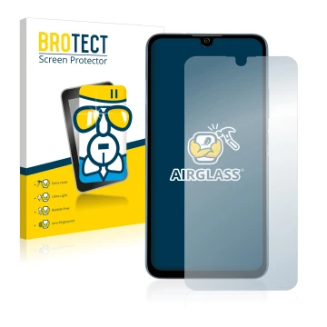 Parte frontal de un envase de producto con el logotipo de la marca BROTECT. Al lado se muestra el dispositivo ZTE Blade A71 co