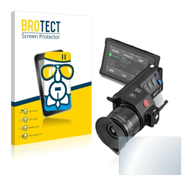 Parte frontal de un envase de producto con el logotipo de la marca BROTECT. Al lado se muestra el dispositivo Arri MVF-2 con s