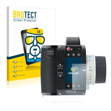 Parte frontal de un envase de producto con el logotipo de la marca BROTECT. Al lado se muestra el dispositivo Arri WCU-4 con s