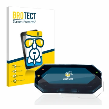 Parte frontal de un envase de producto con el logotipo de la marca BROTECT. Al lado se muestra el dispositivo Yamaha MT-07 202