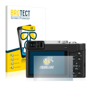 Parte frontal de un envase de producto con el logotipo de la marca BROTECT. Al lado se muestra el dispositivo Panasonic Lumix 