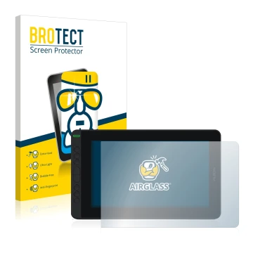 Parte frontal de un envase de producto con el logotipo de la marca BROTECT. Al lado se muestra el dispositivo Huion Kamvas 12 