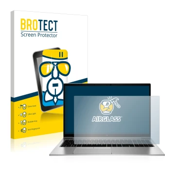 Parte frontal de un envase de producto con el logotipo de la marca BROTECT. Al lado se muestra el dispositivo HP EliteBook 855