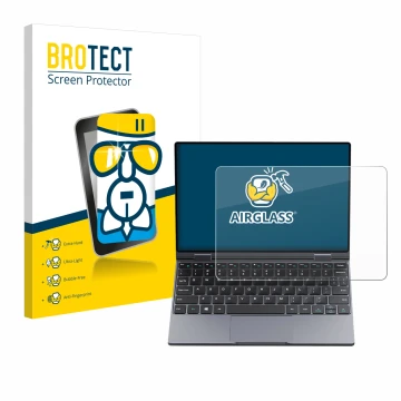 Parte frontal de un envase de producto con el logotipo de la marca BROTECT. Al lado se muestra el dispositivo Chuwi MiniBook X