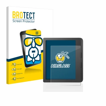 Parte frontal de un envase de producto con el logotipo de la marca BROTECT. Al lado se muestra el dispositivo Tolino Vision 6 