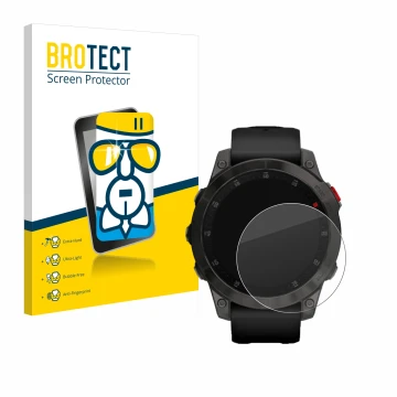 Parte frontal de un envase de producto con el logotipo de la marca BROTECT. Al lado se muestra el dispositivo Garmin epix (Gen