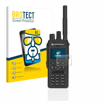 Parte frontal de un envase de producto con el logotipo de la marca BROTECT. Al lado se muestra el dispositivo Motorola MTP3550