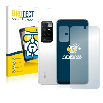 Parte frontal de un envase de producto con el logotipo de la marca BROTECT. Al lado se muestra el dispositivo Xiaomi Redmi 10 