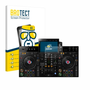 Parte frontal de un envase de producto con el logotipo de la marca BROTECT. Al lado se muestra el dispositivo Pioneer XDJ-RX3 