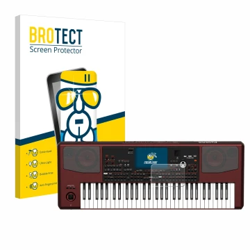 Parte frontal de un envase de producto con el logotipo de la marca BROTECT. Al lado se muestra el dispositivo KORG Pa1000 con 